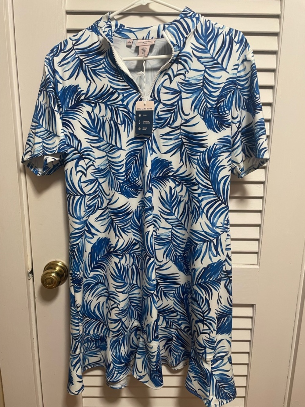 Blue Palm-Print Short Sleeve Women's Dress